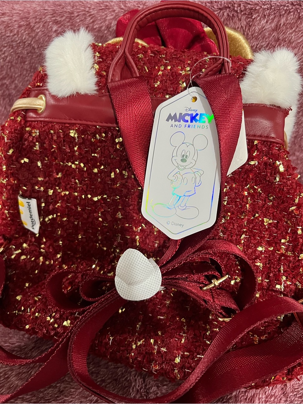 Disney Minnie Mouse Red Gold Faux-Fur Accent Backpack - Picture 2 of 2
